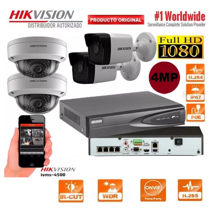 KIT VIDEO VIGILANCIA IP CCTV HIKVISION DE 4 CAMARAS FULL HD 1080P DE 4MP | TECNIT