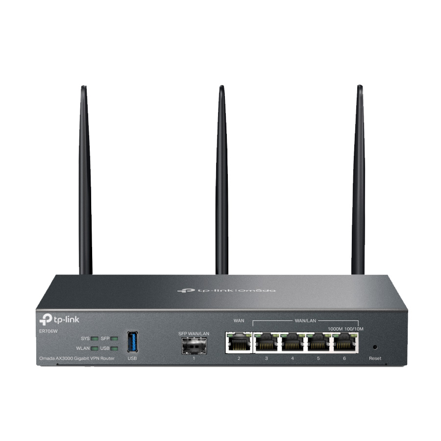 ROUTER VPN TP-LINK OMADA ER706W AX3000 WIFI 6 MESH BALANCEADOR DE CARGA DE 5 PUERTOS GIAGABIT + PUERTO SFP + USB 3.0 150K SESIONES