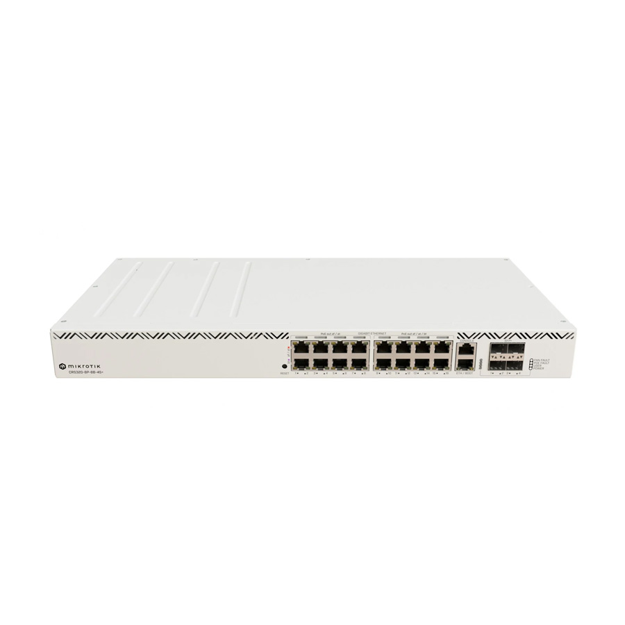 CLOUD ROUTER SWITCH MIKROTIK CRS320-8P-8B-4S+RM ADMINISTRABLE L3/L2 DUAL BOOT DE 16 PUERTOS GIGABIT 8PoE +8PoE++ 600W + 4 PUERTOS 10G SFP+ OS L5 RACKEABLE