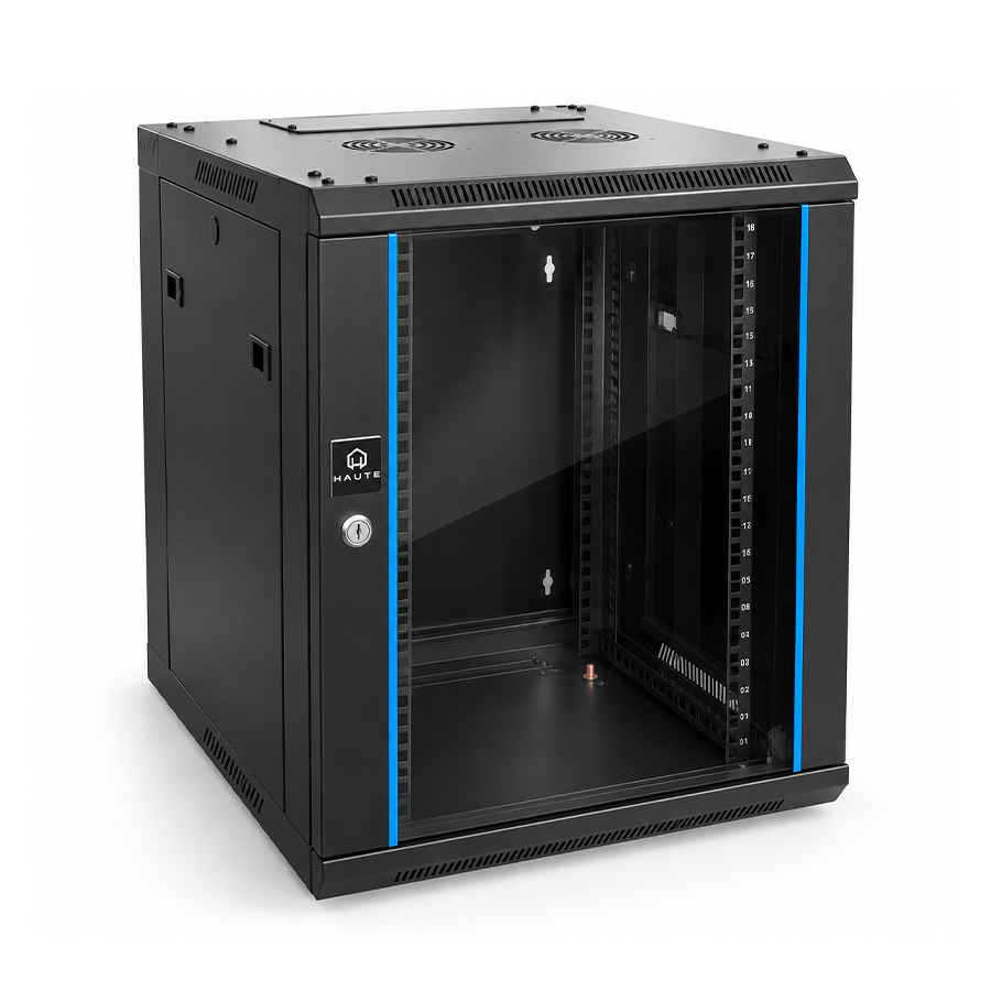 GABINETE RACK CERRADO HAUTE HTE-WS6618 DE PARED CON PUERTA DE VIDRIO 18UR (60x60x90cm)